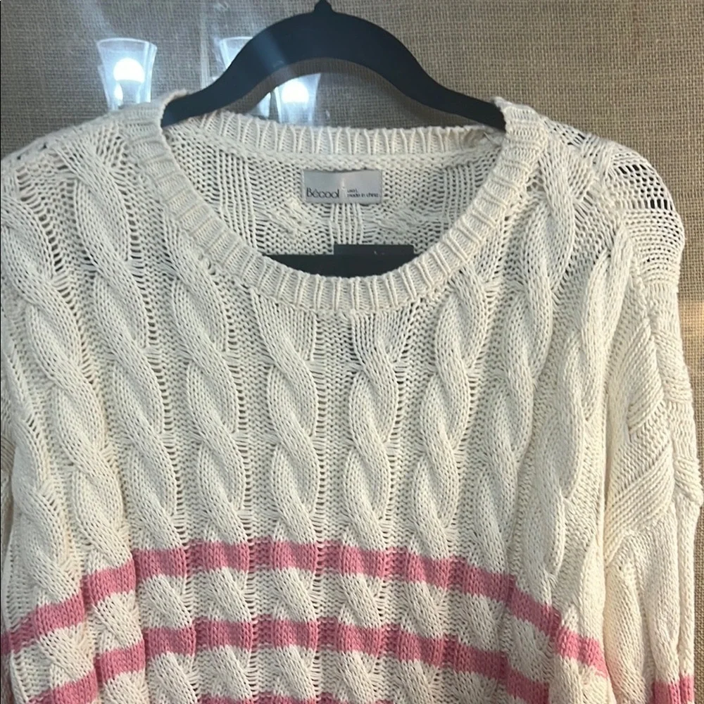 Becool Boutique Pink and Cream Cable Knit Crew Neck Sweater